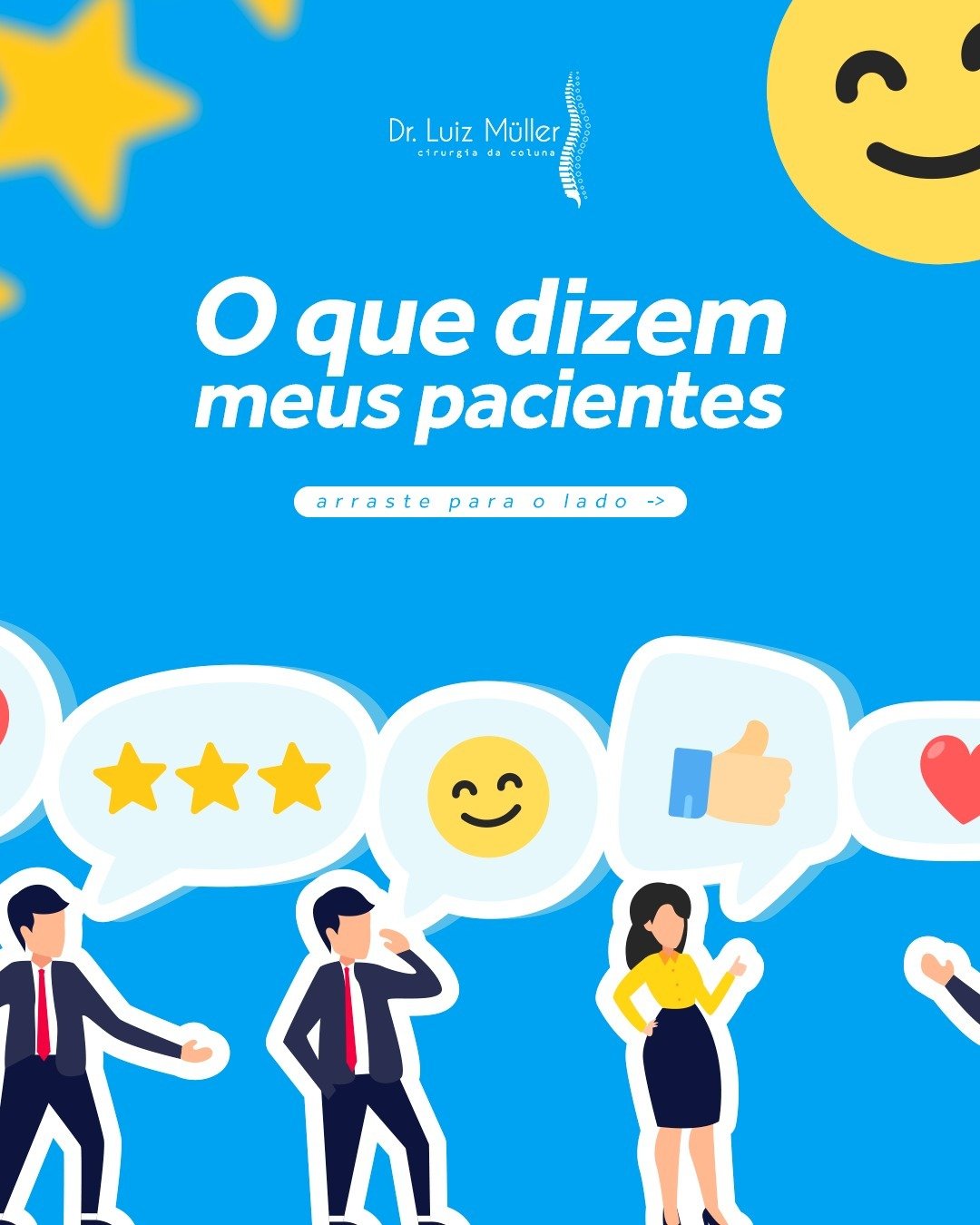 Ilustração com estrelas e pessoas, com o texto: o que dizem meus pacientes
